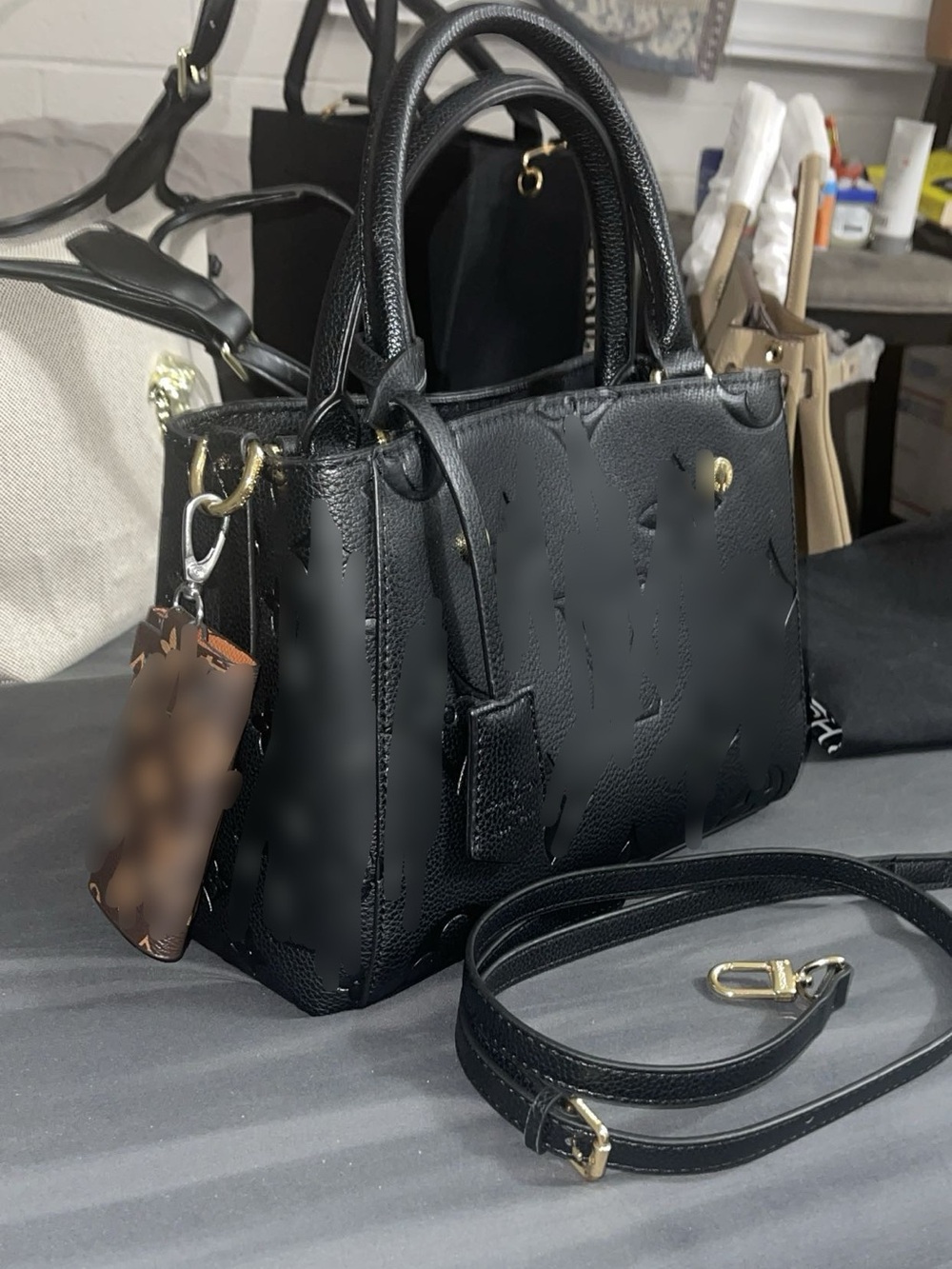 Black Leather Satchel Handbag with Removable Strap